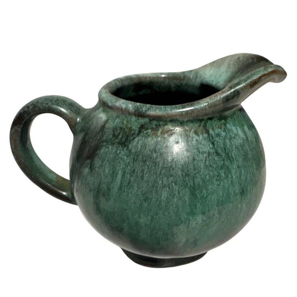 Vintage Handmade Green Ceramic Pitcher Creamer With Handle & Spout 2.75"